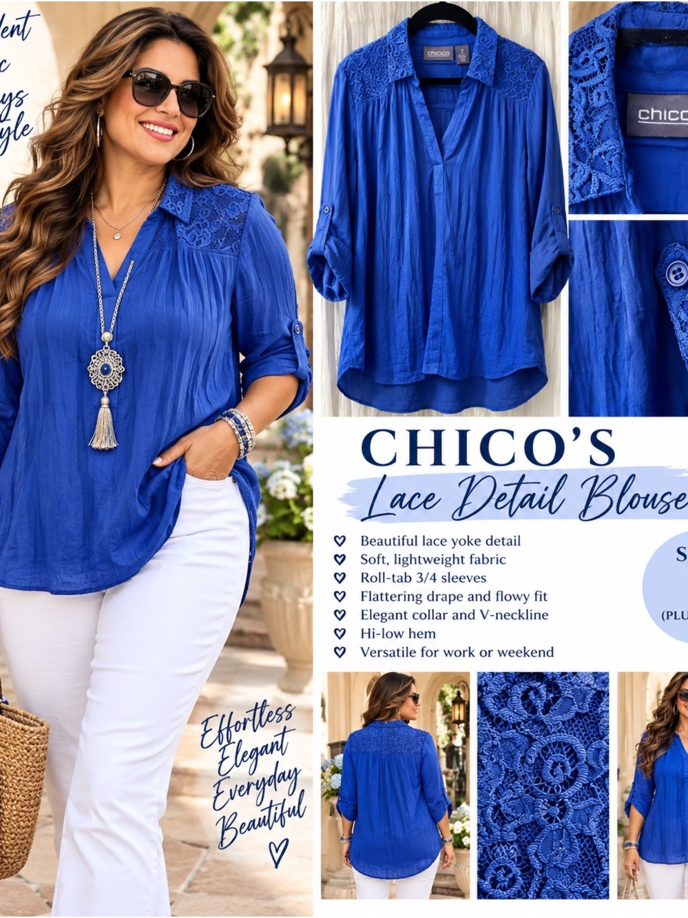 Chico's Lace Yoke Blouse - Cobalt Blue